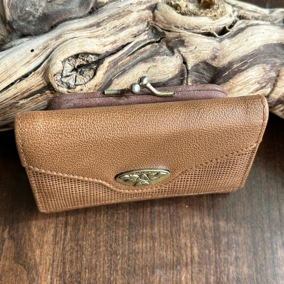 Vintage Rolfs brown leather wallet floral metal clasp & kiss lock change pouch - Picture 2 of 12